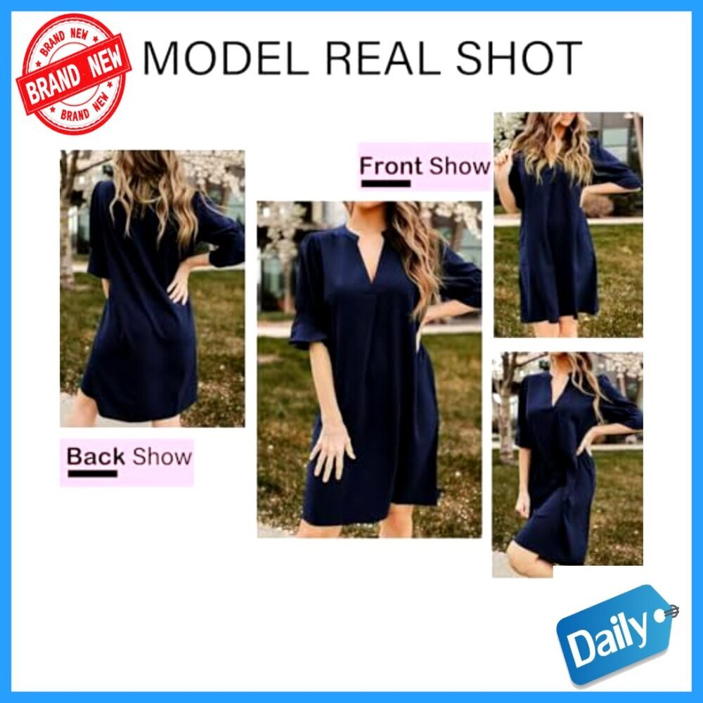 Knee-Length V-Neck Shift Dress with Ruffle Sleeves, Polyester Casual Summer Wear - Picture 5 of 7
